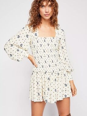 Free People Smocked Square-Neck Floral Mini Dress - Cream 6